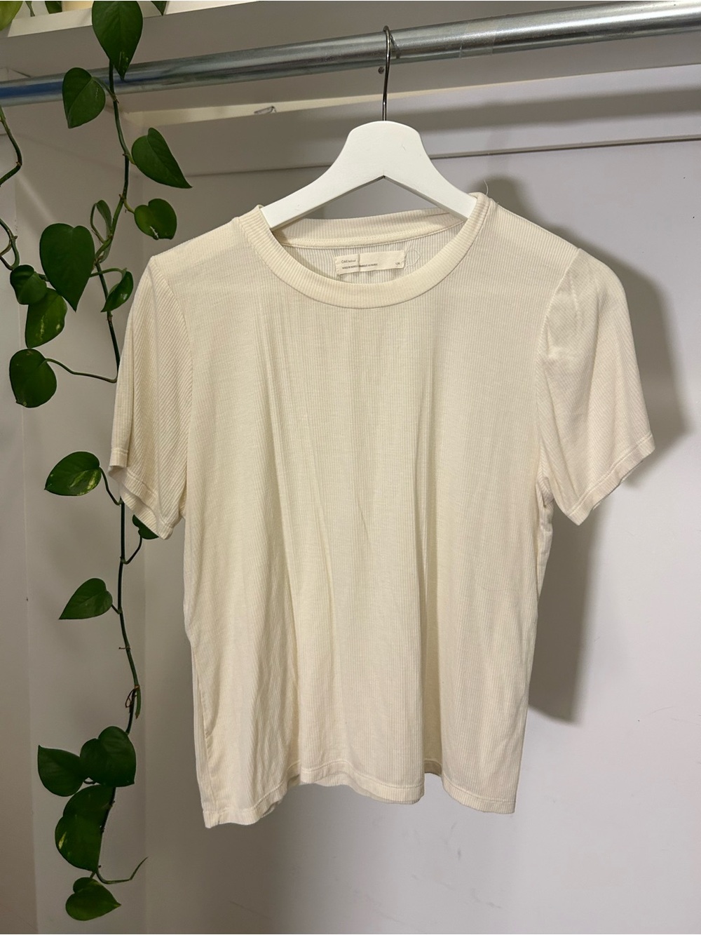 OAK + FORT Cream Short Sleeve Ribbed Crew Tee